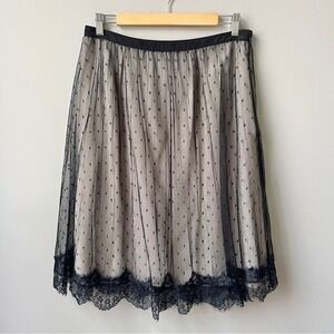 Ballet Midi Skirt Women's 12 Black Tan Mesh Lace Polka Dot Classic Pleated Soft